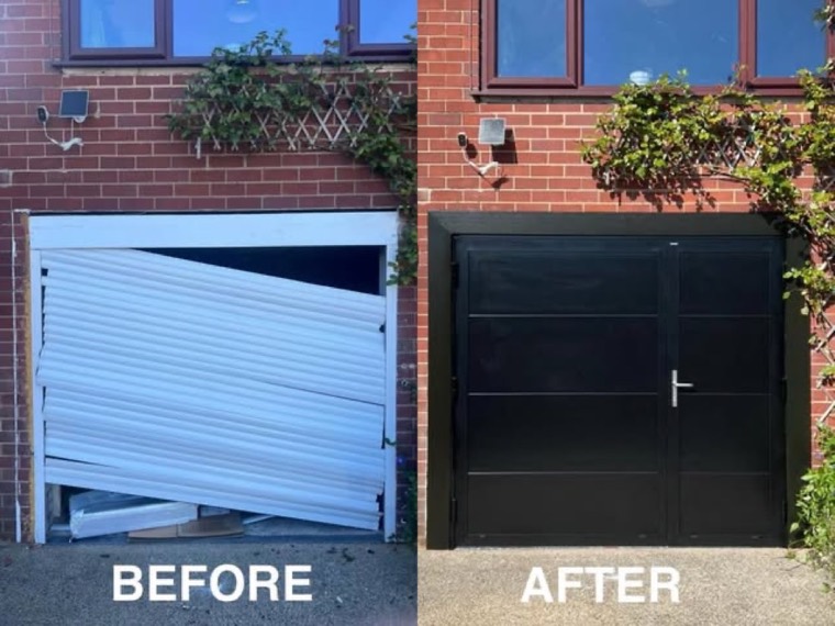 Before and after garage door replacement by Arthur's Doors - old damaged door replaced with a new black roller door