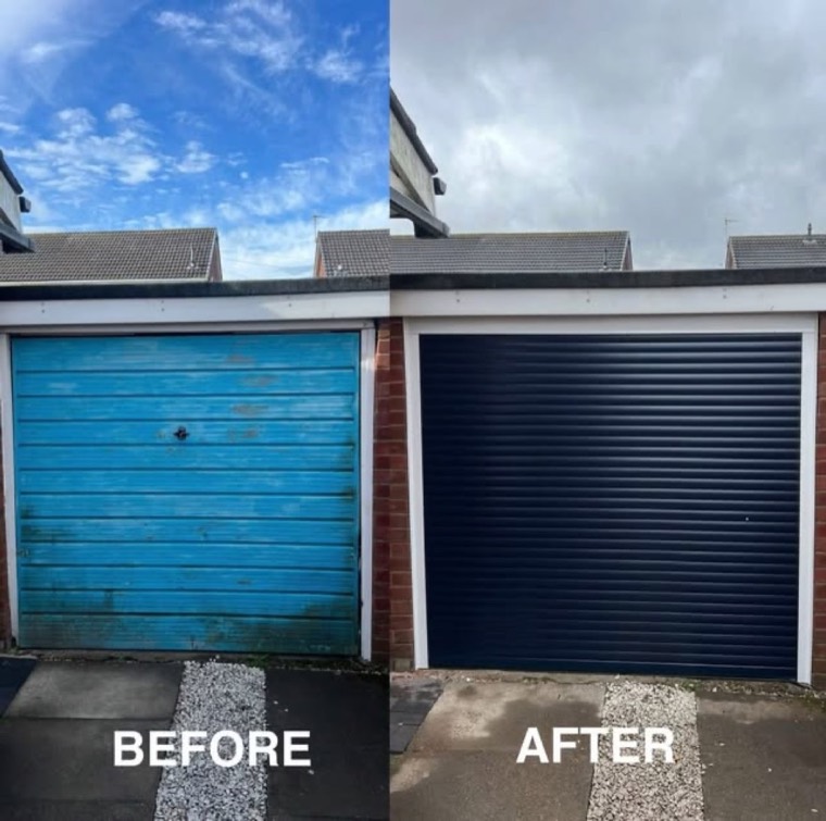 Before and after garage door renovation by Arthur's Doors - faded blue door replaced with a new dark roller door